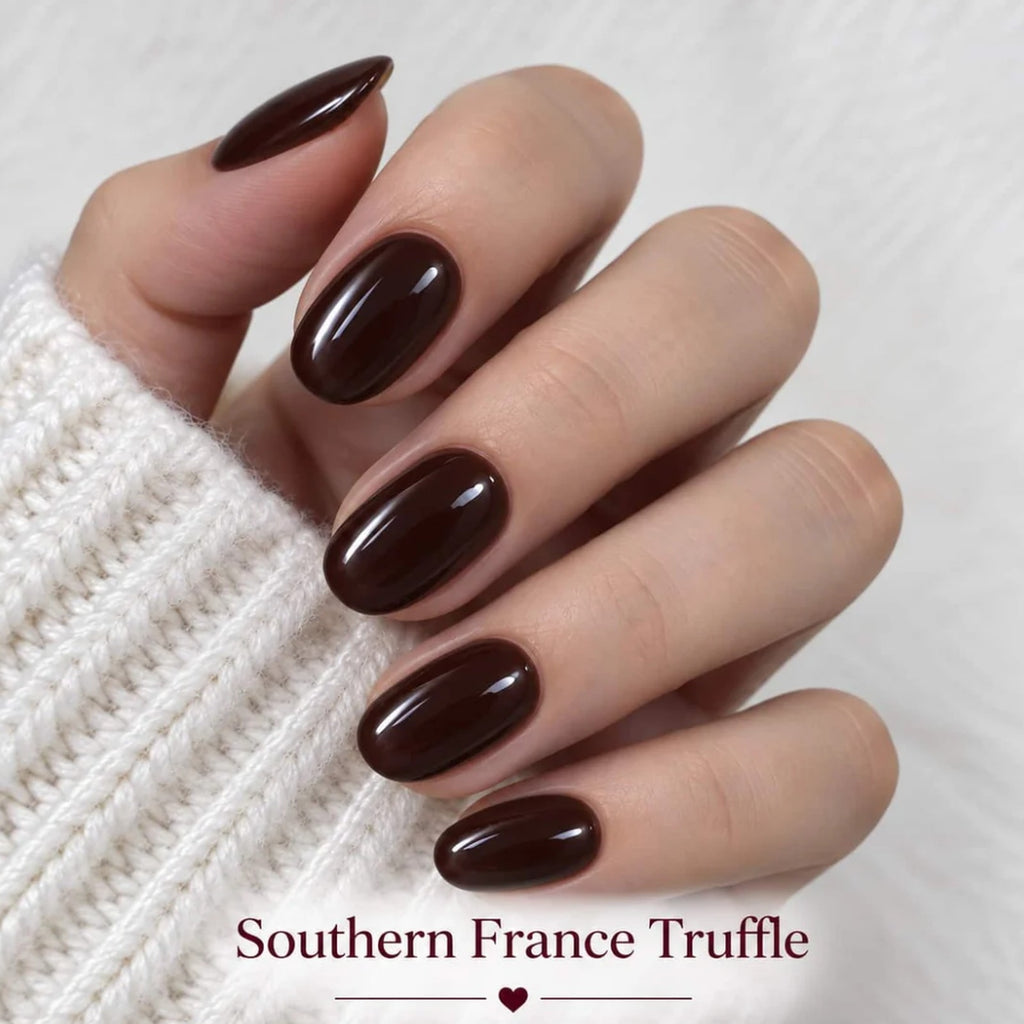 Southern France Truffle shade: deep chocolate glossy gel nails