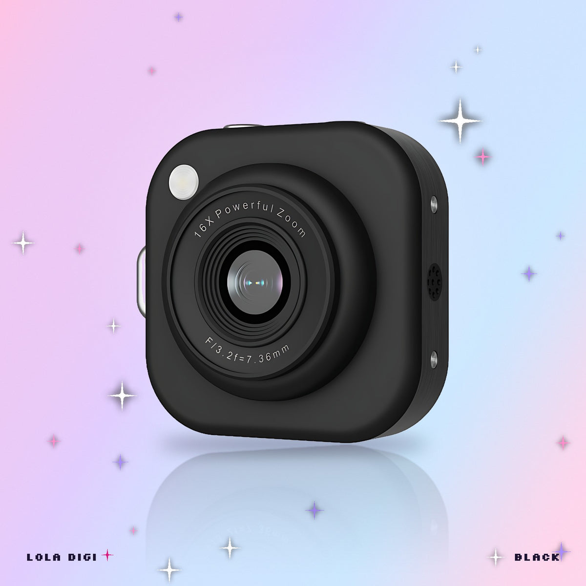 Lola Digi mini digicam in Black, front view with the 16x zoom lens
