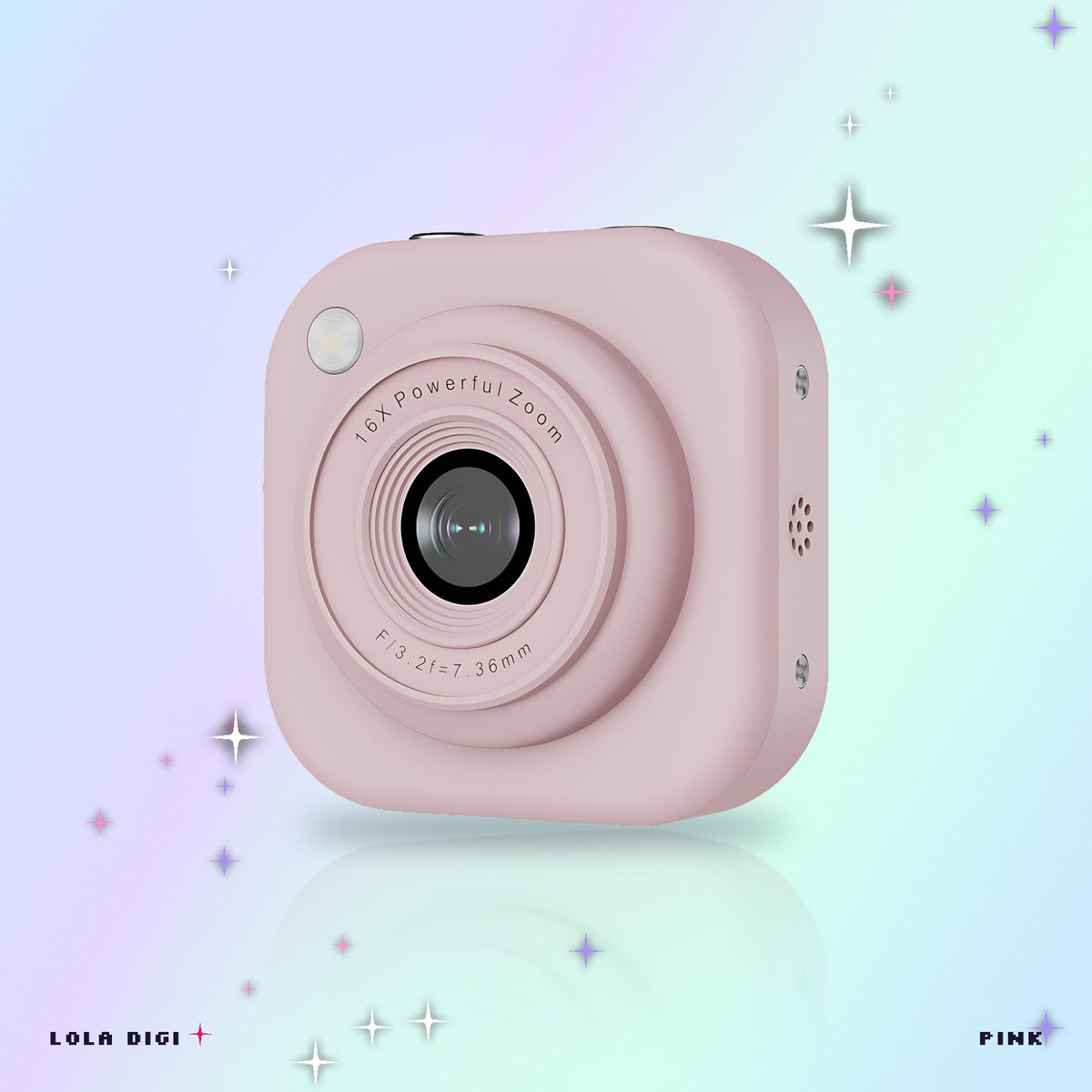 Lola Digi mini digicam in Pink, front view with the 16x zoom lens, on a pastel holographic background