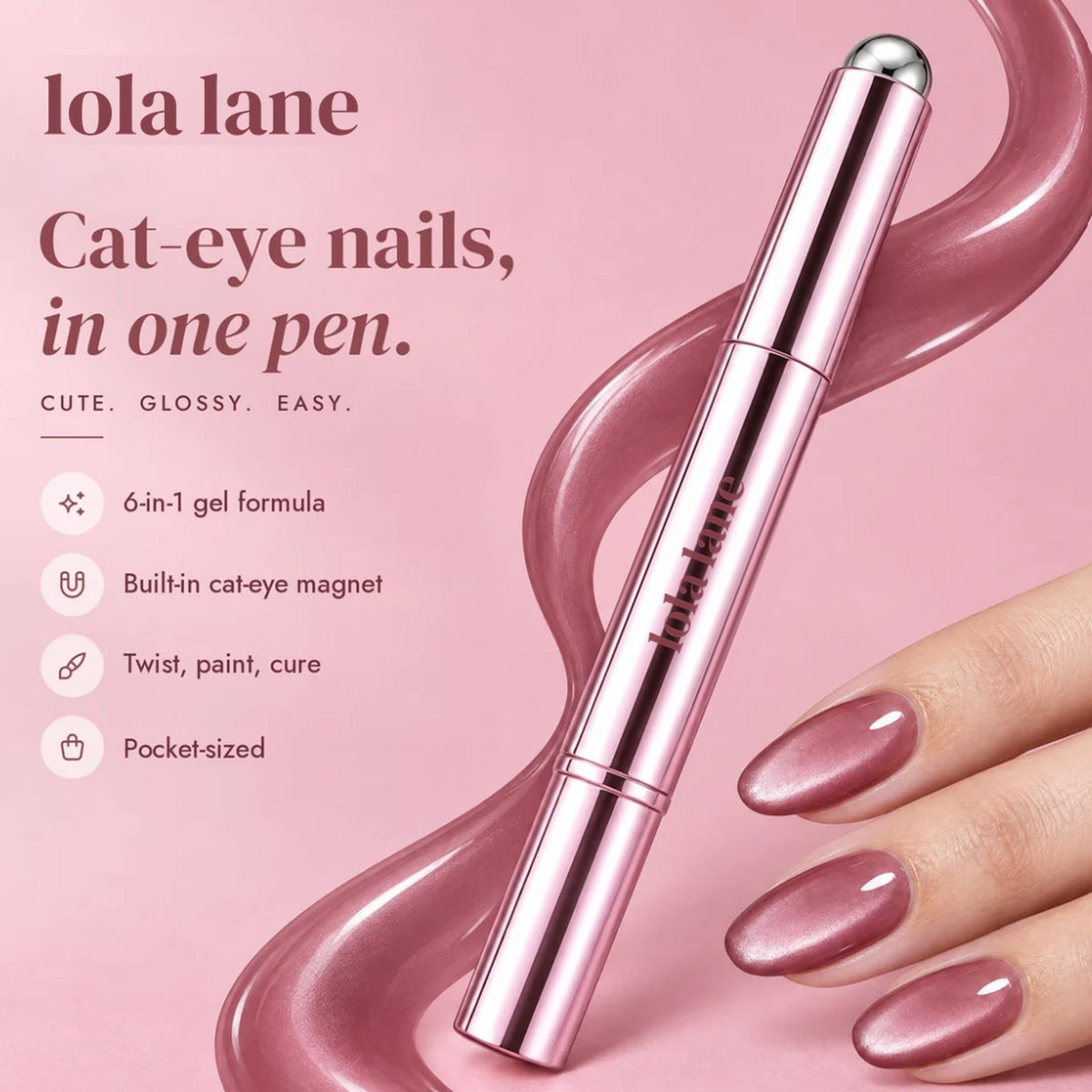 lola lane gel nail pen in pink metallic next to cat-eye shimmer gel nails