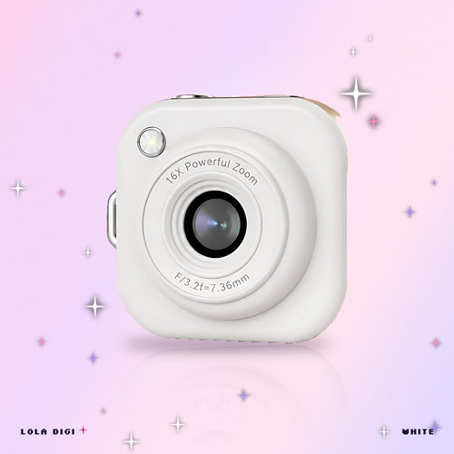 Lola Digi mini digicam in White, front view with the front light and 16x zoom lens