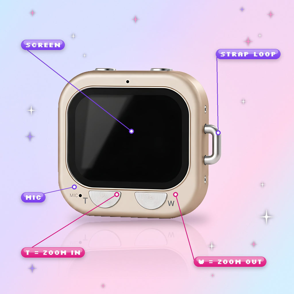 Back of the Lola Digi with labels for the screen, the T zoom-in and W zoom-out buttons, the mic and the strap loop