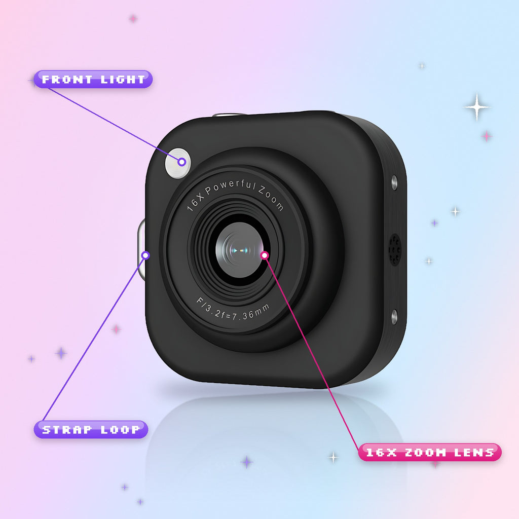 Front of the black Lola Digi with labels for the front light, the 16x zoom lens and the strap loop