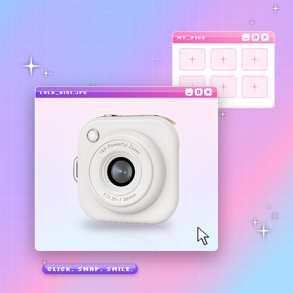 White Lola Digi inside a retro computer window on a pastel pixel-grid background