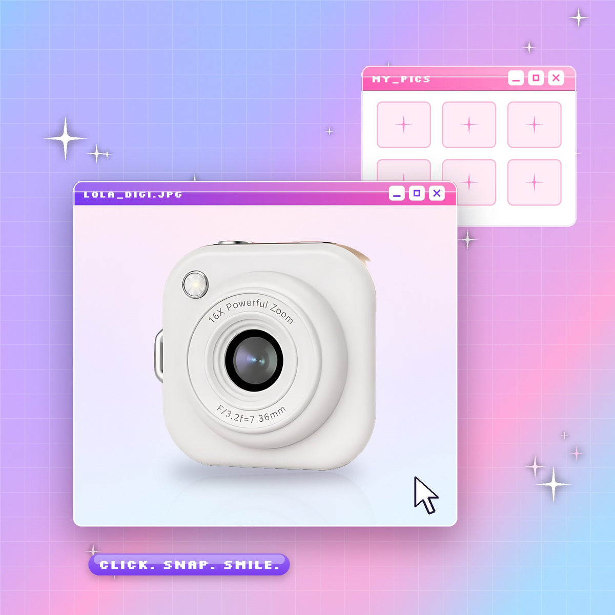White Lola Digi inside a retro computer window on a pastel pixel-grid background