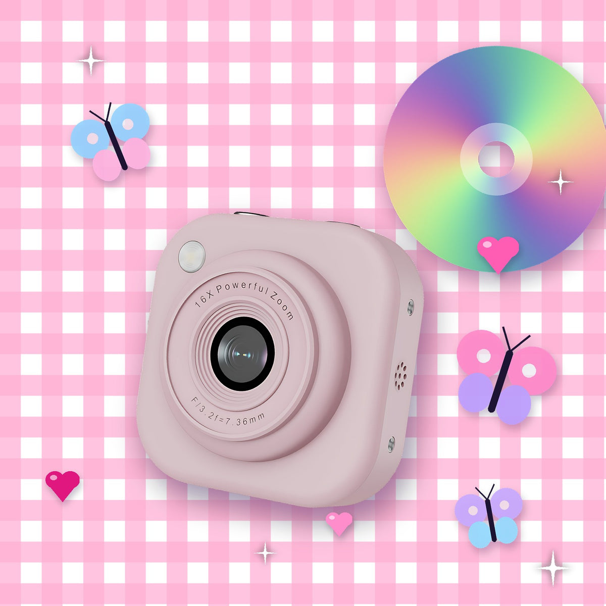 Pink Lola Digi on pink gingham with butterfly and heart stickers and a CD